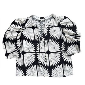 RACHEL ZOE 100% linen palm printed camp shirt with‎ beaded tassels size L